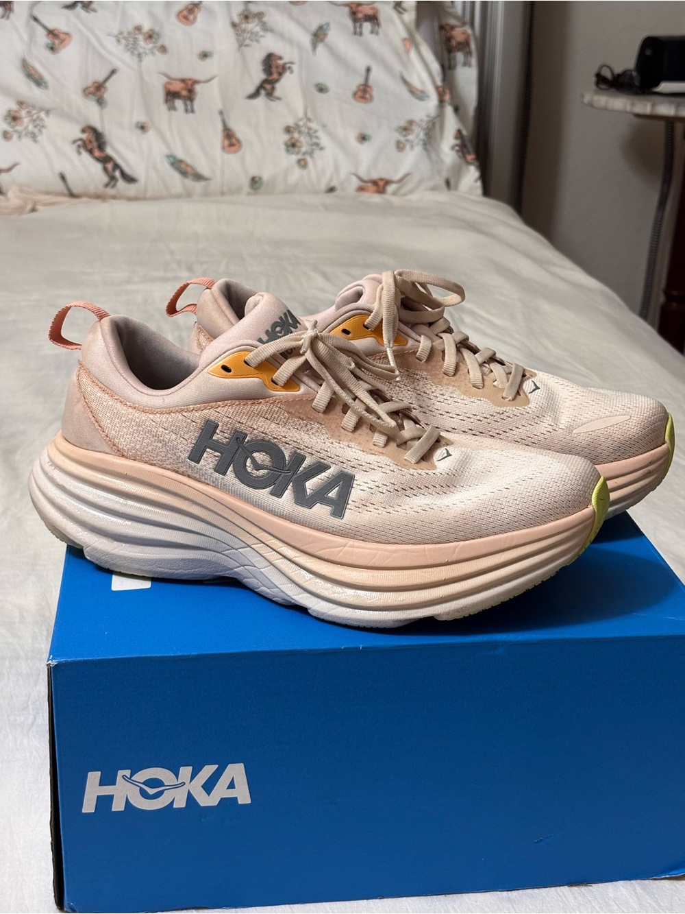 Hoka One One Women's Light Pinkish and green  Running Shoes worn once !! BOX!!